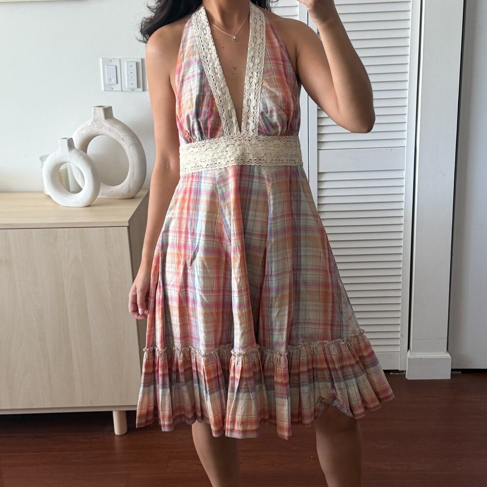 Vintage Cottagecore Dress Large Plaid Halter Crochet Milkmaid Boho Prairie Y2K - Picture 3 of 14